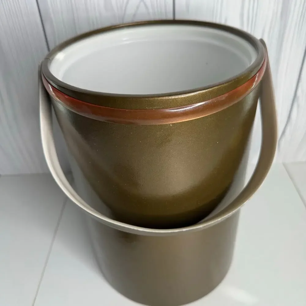 VTG MCM Ice Bucket W/ Lid Georges Briard Brown Faux Leather Brass Retro 12 x 8